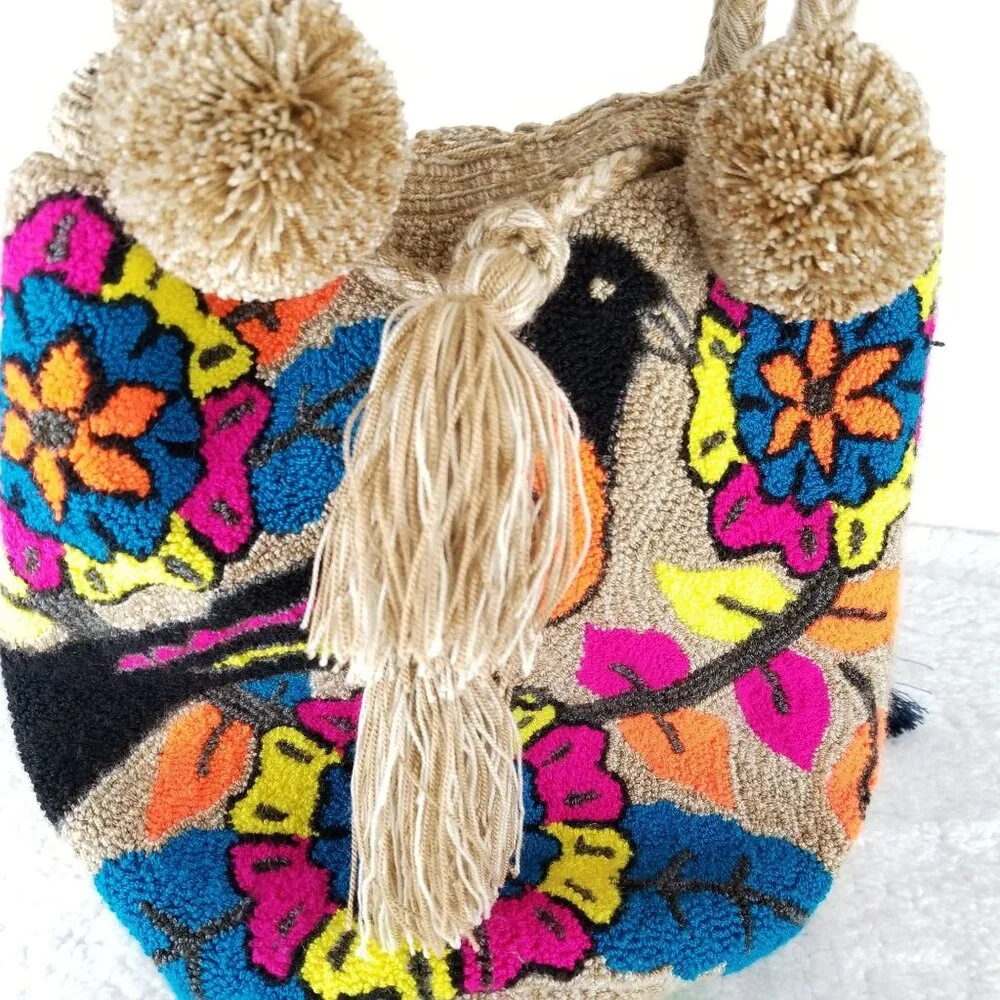 Handwoven Boho Bird & Floral Design Tote Bag With Tassels‎ & Pom-Poms《321》P
